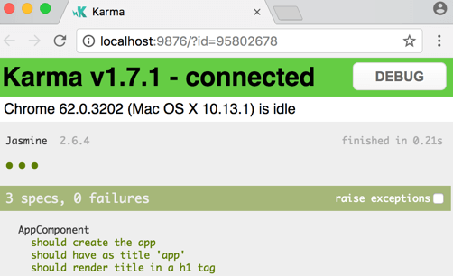 ブラウザに表示されたJasmine HTML Reporter