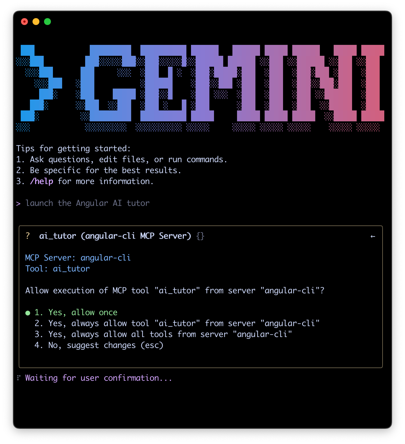 Gemini CLIでAngular AI Tutorを起動する方法を示すスクリーンショット。